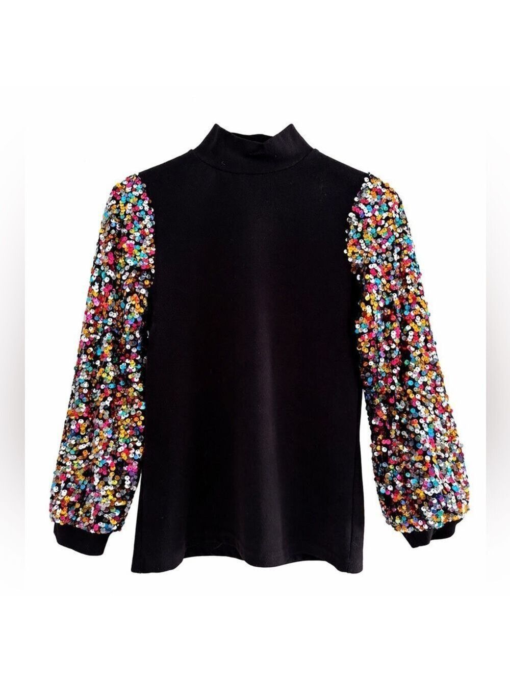 Sequin Sleeve Mock Neck Top Party Retro Glam Maximalist